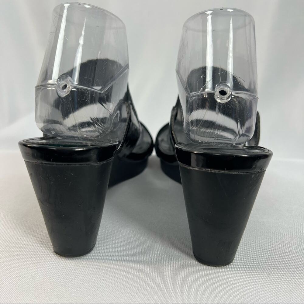 Chaps Rhoda black patent leather stretch slide on wedge open toe heel sandals 9 - Picture 3 of 7